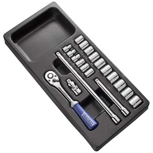 Facom E194678 socket wrench set with ratchet, extensions, and sockets in black tray, top angle.