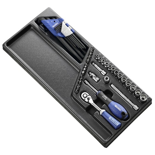 Facom E194680 tool tray with blue handle ratchet, screwdriver, hex keys, sockets and bits arranged in black foam insert.