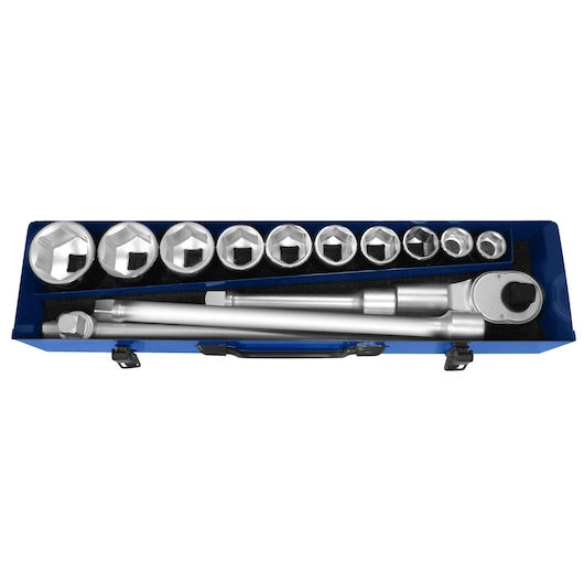 Facom socket wrench set with ratchet and extension bars in blue case, top view E194682.