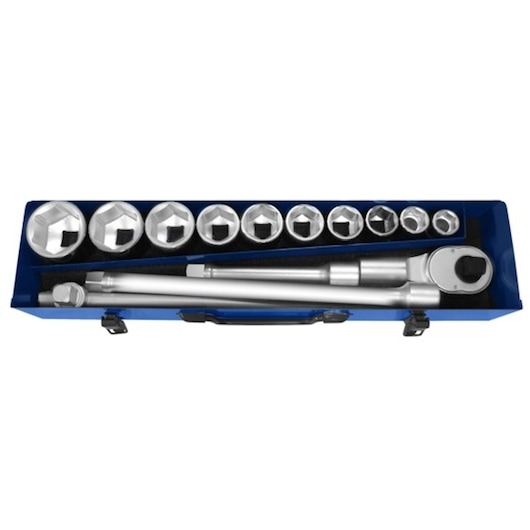 Facom E194682 socket wrench set with ratchet, extension bars, and sockets in blue case, top view.