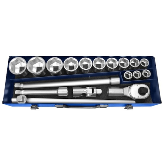 Facom socket wrench set with ratchet, extensions, and multiple sockets in blue metal case, E194683, top view.