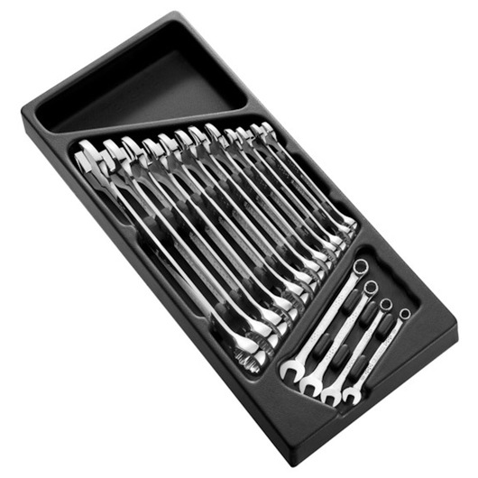 Facom E194937 wrench set with multiple chrome wrenches in a black tray, photographed from above on white background.