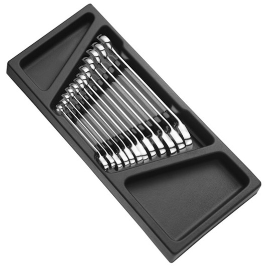 Facom E194938 combination wrench set in black plastic tray, top angle view.