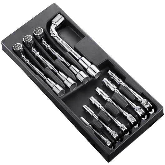 Facom E194939 set of chrome ratcheting wrenches and socket tools in a black tray, top angle.