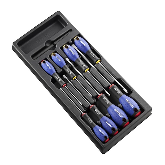 Facom E194940 screwdriver set with blue and black handles in a black tray, photographed at an angle.