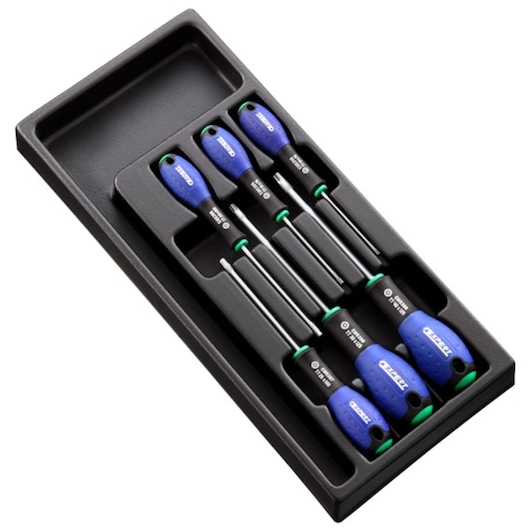 Facom E194941 screwdriver set with blue and black handles in a black tray, angled top view on white background.