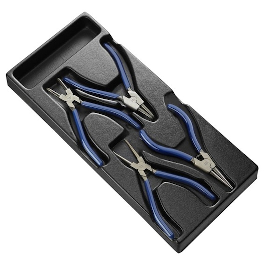 Facom E194943 photography of four blue-handled pliers in black tray, angled on white background.