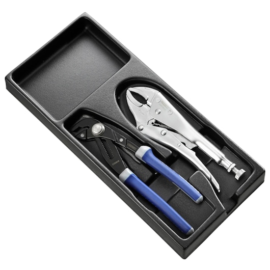 Facom E194944 pliers set with one adjustable plier and one locking plier in black tray, top view.