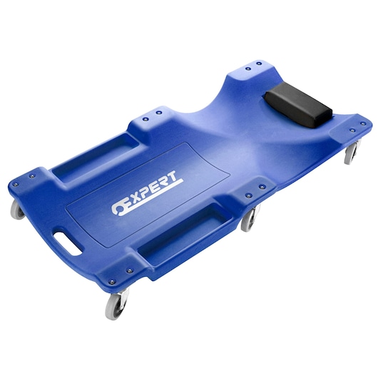 Facom E200114 blue plastic mechanic creeper with Expert logo, handles and wheels, top view.
