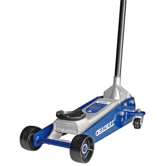 Facom E200141 blue and silver hydraulic floor jack with wheels, side angle, white background.