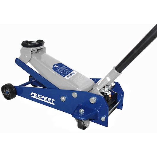 Facom E200141 floor jack, blue and gray, side angle on white background.