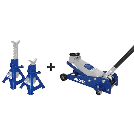Facom E200142 blue car jack and two blue jack stands set, side angle on white background.