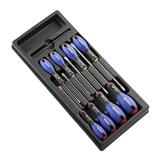 Facom E200143 screwdriver set with blue handles in a black tray, angled view.