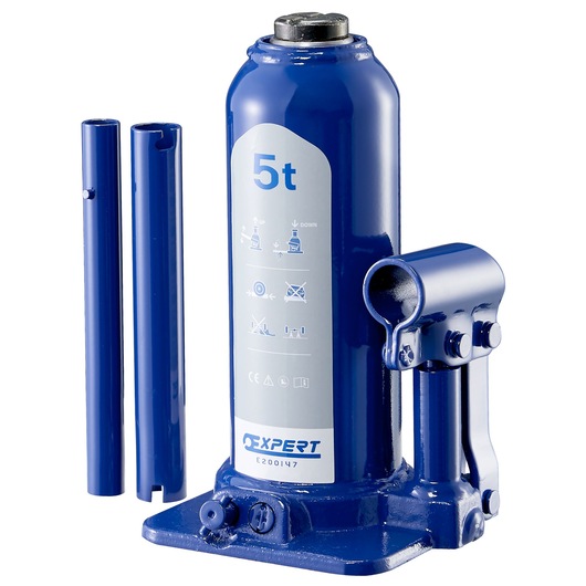 Facom E200146 5-ton hydraulic bottle jack with removable handle, side view, blue finish.
