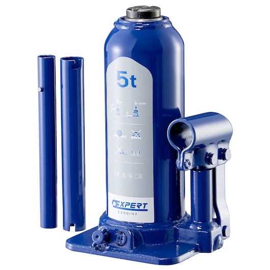 Facom E200147 hydraulic bottle jack, 5-ton capacity, blue color, front angle with handle pieces.