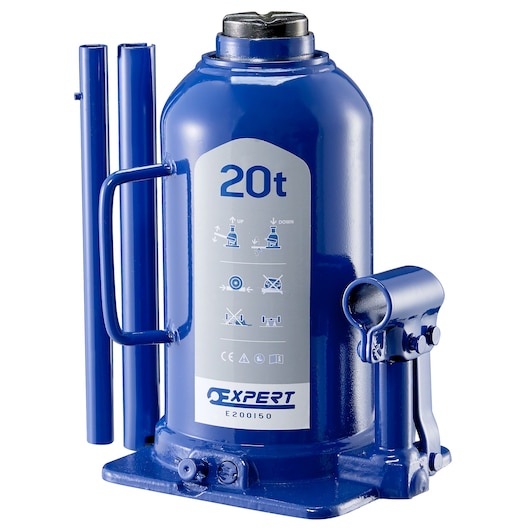 Facom E200149 hydraulic bottle jack 20 ton, blue, with handle and side lever, front angle on white background.