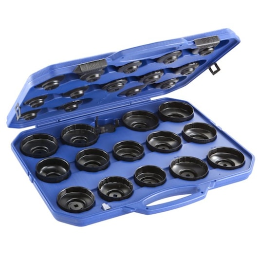 Facom E200201 oil filter cup wrench set in blue plastic case, shown open with organized black sockets.