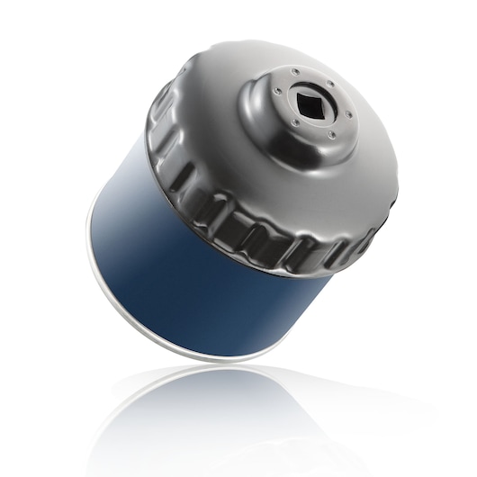 Facom E200201 oil filter wrench cap in blue and silver, studio angle on white background.