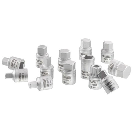 Facom E200203 set of eleven silver hex and spline socket bits arranged on white background, front angle.