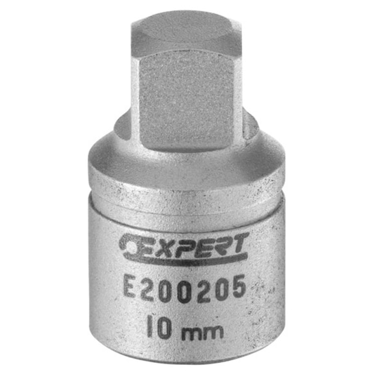Facom socket adaptor E200204, silver metal, hexagonal shape, close-up front angle on white background.