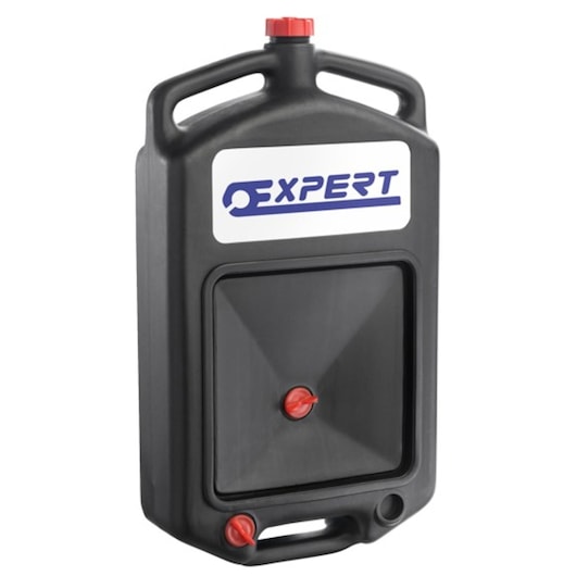 Facom E200228 black plastic oil drain container with red caps, Expert logo, front angle.