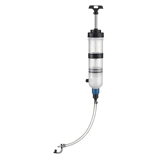 Facom E200231 manual fluid extractor with clear cylinder and flexible tube, side view, white background.