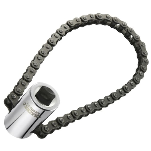 Facom E200234 chain oil filter wrench, chrome socket with attached metal chain, front angle on white background.