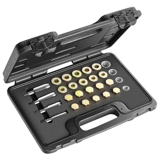 Facom E200236 bolt extraction set with multiple sizes and tools, black plastic case, product photography, angled view.