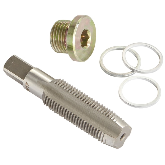 Facom E200236 tap, threaded plug, and three metal washers on white background, shown from top angle.