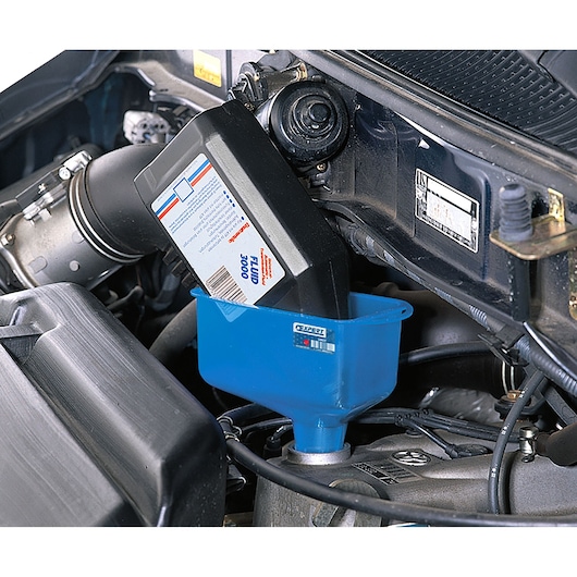 Facom E200237 blue funnel for automotive fluids, shown in engine bay during oil fill, side angle.