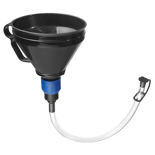 Facom E200238 large black plastic funnel with handle, blue connector, and clear flexible tube, side angle.