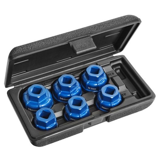 Facom E200239 socket set with six blue sockets in various sizes in a black plastic case, front angle.
