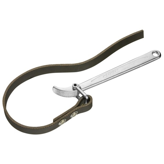Facom E200240 strap wrench with metal handle and brown leather strap, side angle, on white background.