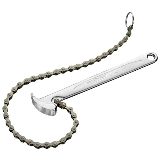 Facom E200241 silver chain wrench with long handle on white background.