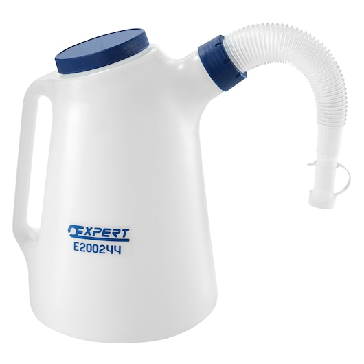 Facom E200244 white plastic oil jug with blue lid and flexible spout, side angle on white background.