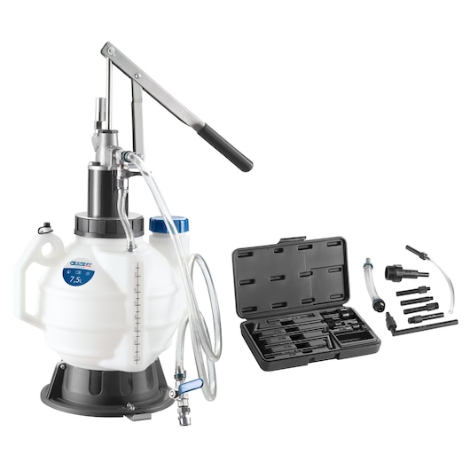 Facom E200249 manual fluid extractor with handle, transparent tank, hoses, and a set of adapters in black case, front angle.