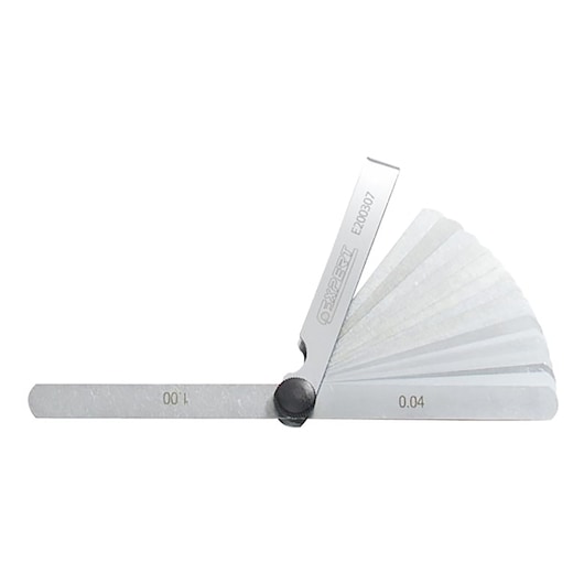 Facom E200307 feeler gauge set, fan-shaped, metal blades fanned out, white background, photography of tools.