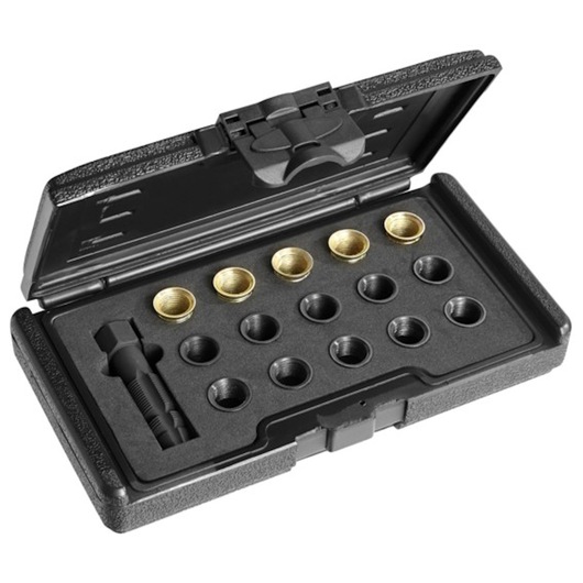 Facom E200310 thread repair kit with brass and black inserts in an open black plastic case, angled view.