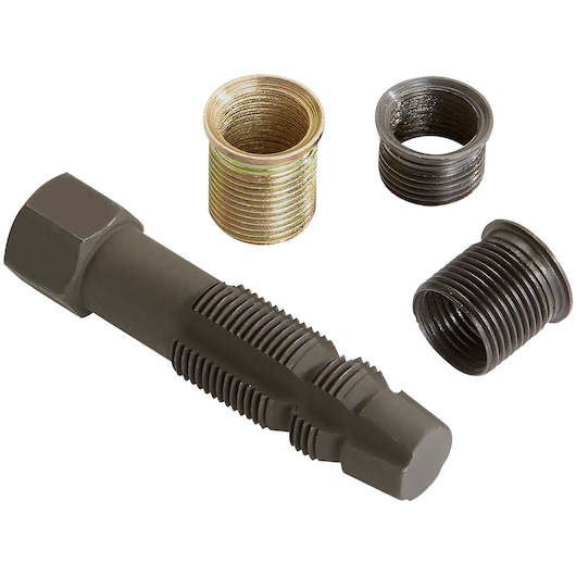 Facom E200310 thread repair kit with one tap and three metal threaded inserts, front angle on white background.