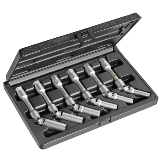 Facom E200311 socket set in black case, angled view showing eight metal universal sockets organized in tray.