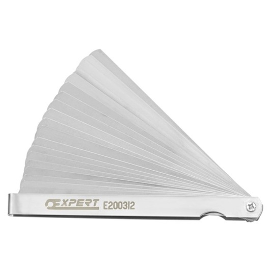 Facom E200312 feeler gauge with multiple steel blades fanned out, photography, product shown at side angle.