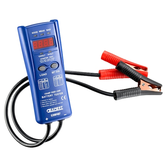 Facom E200407 battery tester with blue body, digital display, and red and black clamp cables, front angle.