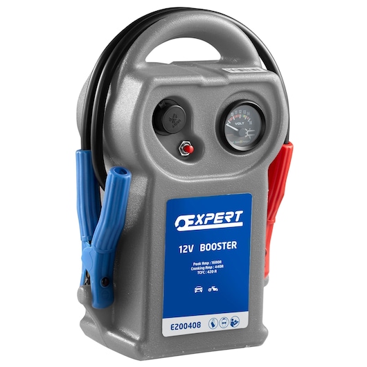 Facom E200408 portable 12V booster with voltmeter, power outlet, and red and blue clamps, front angle.