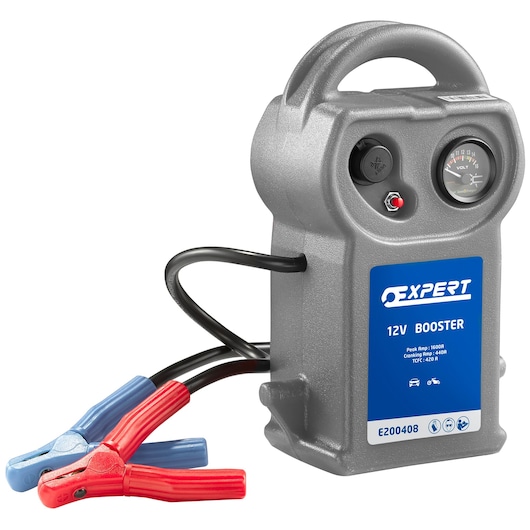 Facom E200408 12V booster pack with handle, attached voltmeter, and red and blue jumper clamps, front angle.