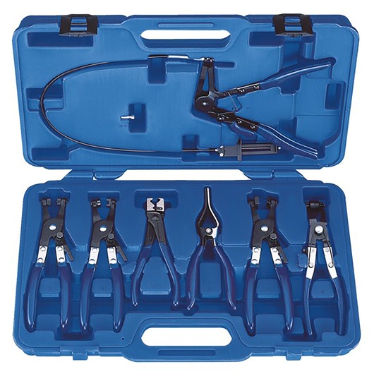 Facom E200501 hose clamp pliers set in a blue plastic carrying case, photography from above.
