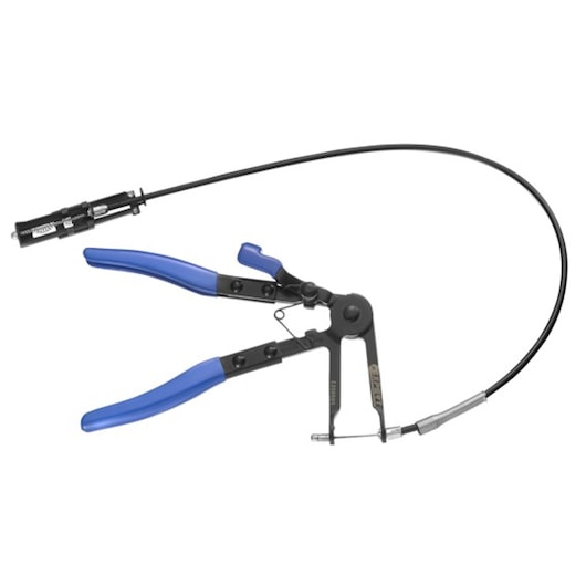 Facom E200504 flexible hose clamp pliers with blue handles and long cable, product photography, white background.