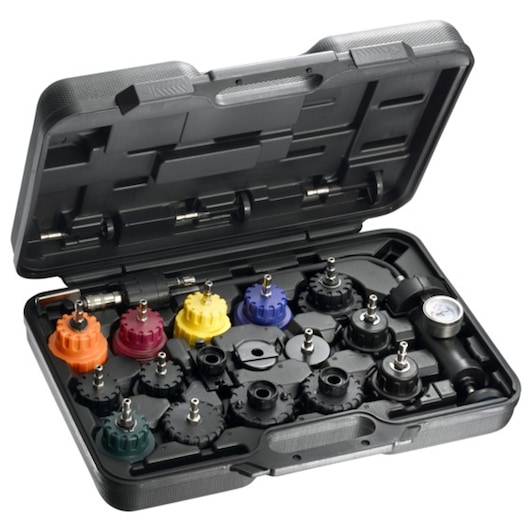 Facom E200511 cooling system test kit with colored adapters and pressure gauge in black plastic case, top view.