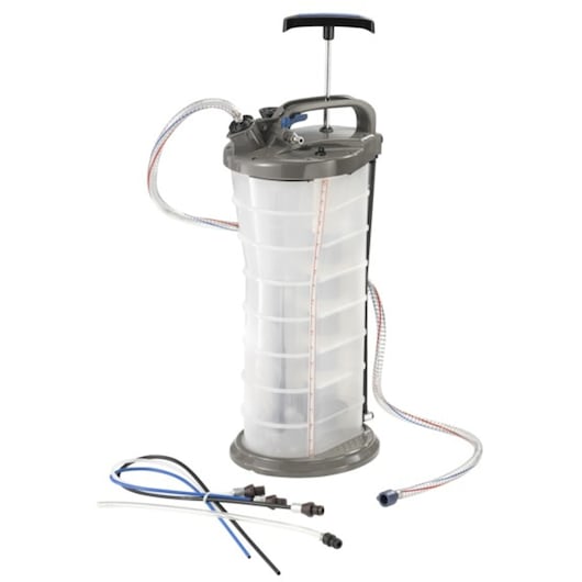 Facom E200512 manual fluid extractor with transparent ridged container, hoses, and various connectors on white background.