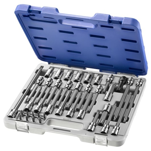 Facom E200513 socket and extension set in blue hard case, assorted sizes, angled view on white background.