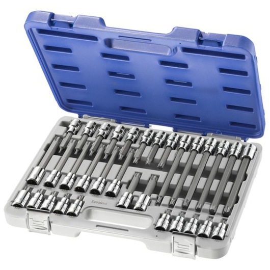 Facom E200514 socket bit set in gray case with blue lid, top view, multiple sizes organized inside.